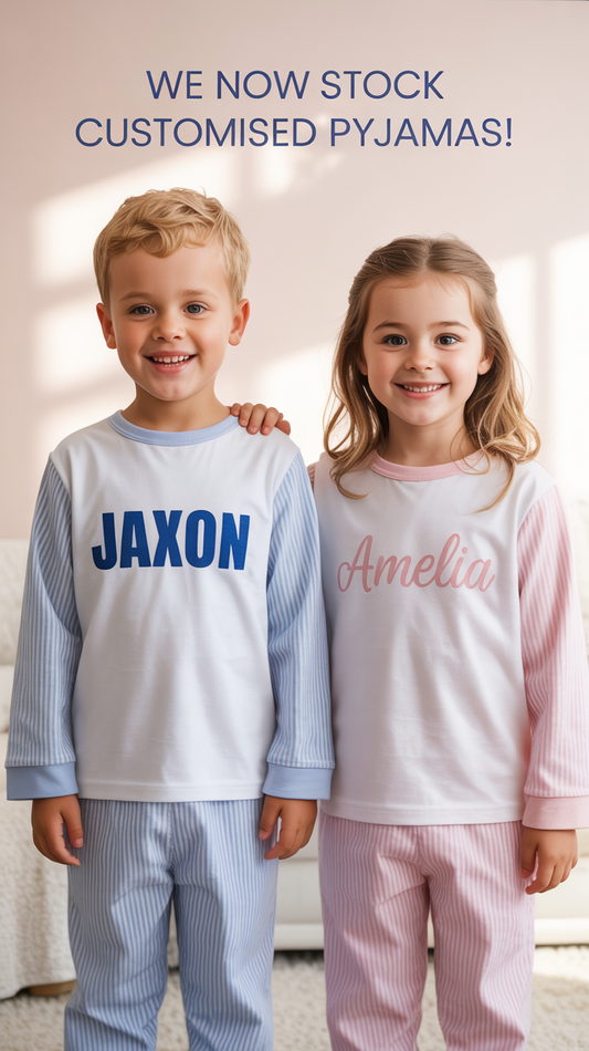Personalised Kids' Pyjama Set – Pink or Blue Stripe